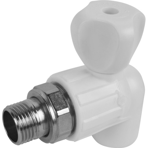 Кран полипропиленовый PP-R запорный угловой стандартнопроходной НР белый ручка-вентиль для радиатора Ру 10 Pro Aqua 20 мм 1/2" ГОСТ 32415-2013 в Кемерово